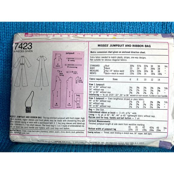 Simplicity 7423 Sewing pattern jumpsuit wide leg ribbon bag 1970s size 12 - Picture 2 of 4
